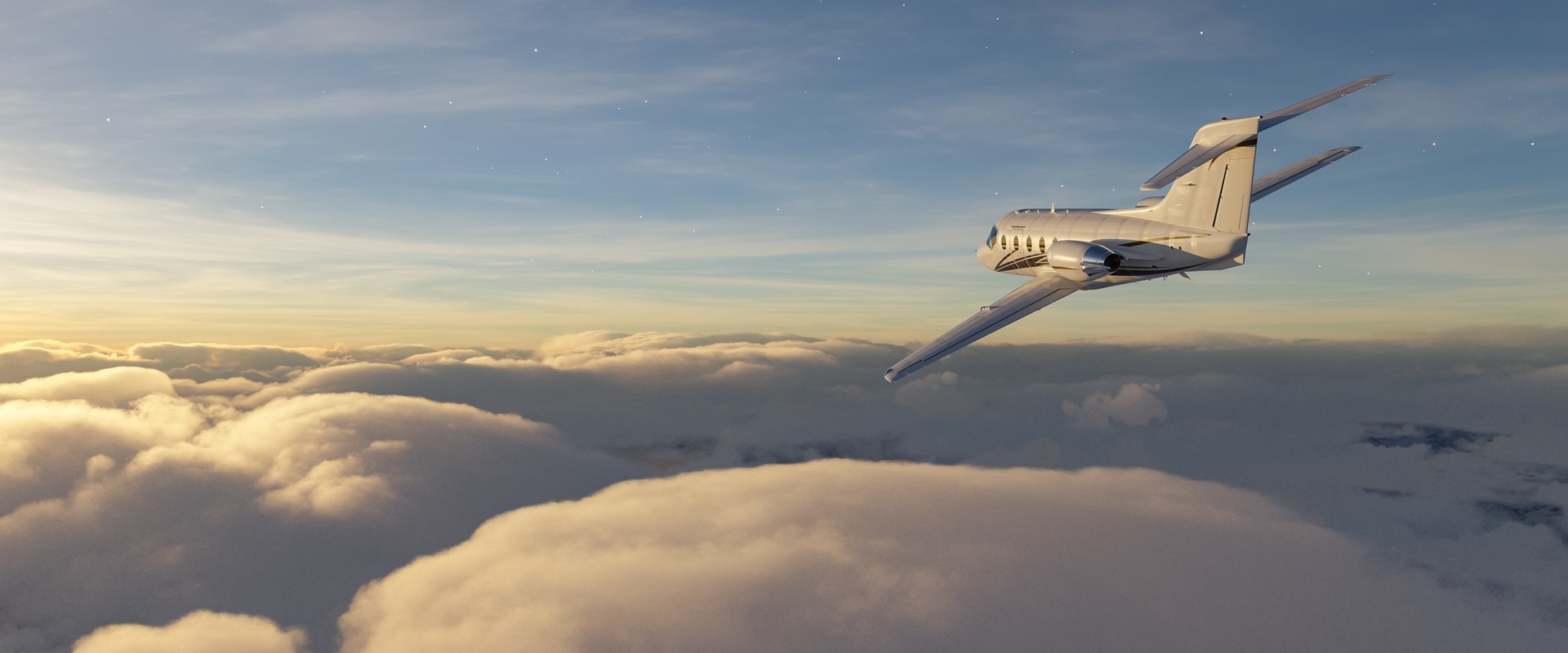Private,Jetplane,Flying,Over,The,Clouds,And,Landscape,Background,At